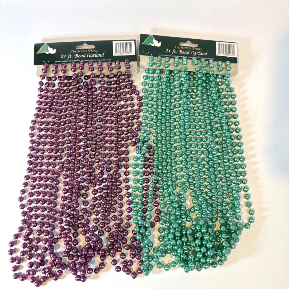 Christmas Trims 21 ft Bead Garland Set Purple Green Holiday Tree Decor 2 Pack